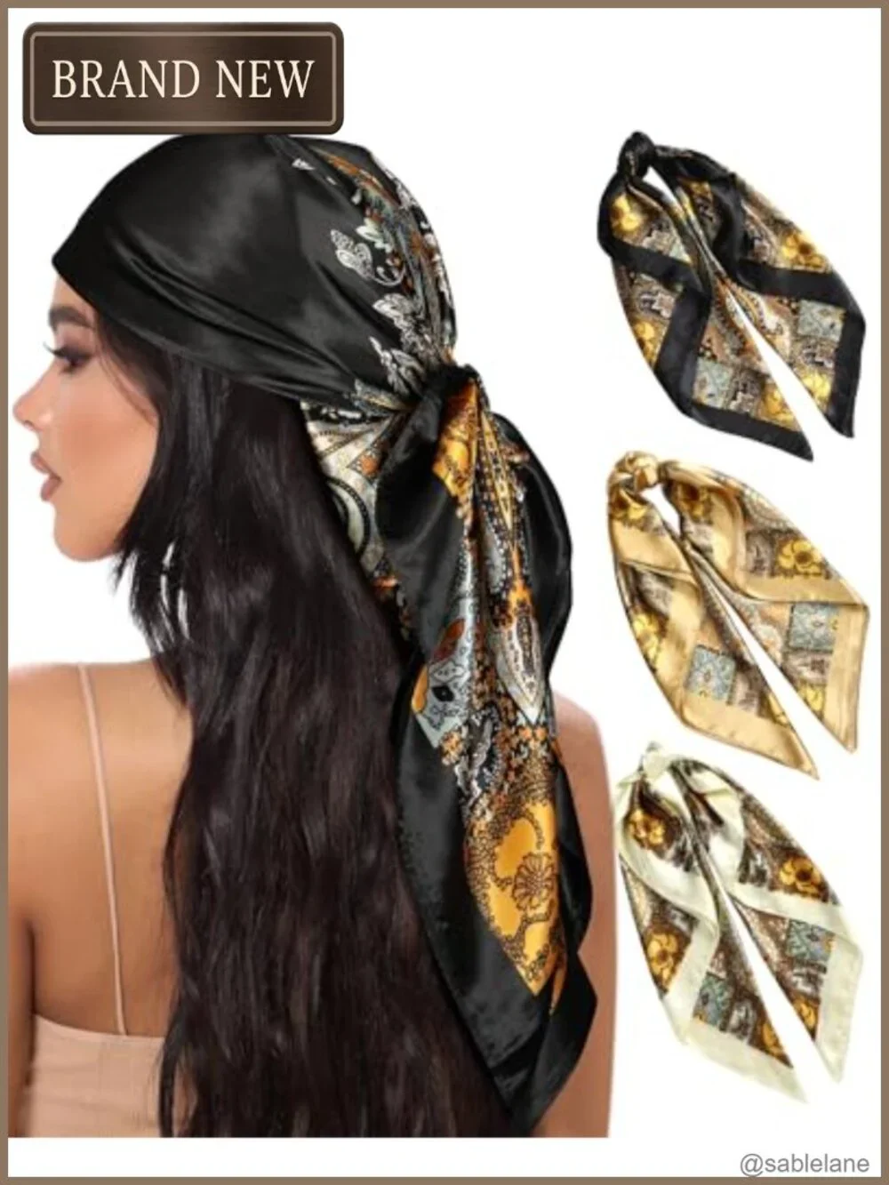 Fashion Satin Head Scarf 3 Pack Large 35x35 for Women Hair Wrap Shawl